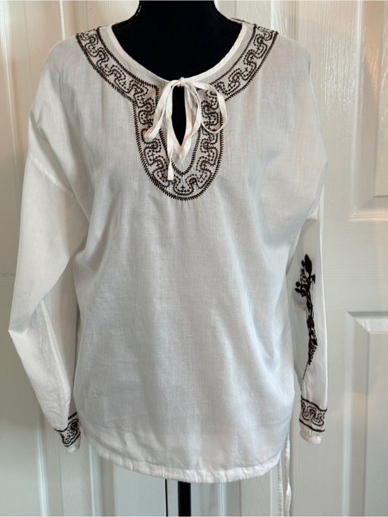 Chico's Tops - Chico's White Embroidered Boho Peasant Blouse Drawstring Tunic Size 1